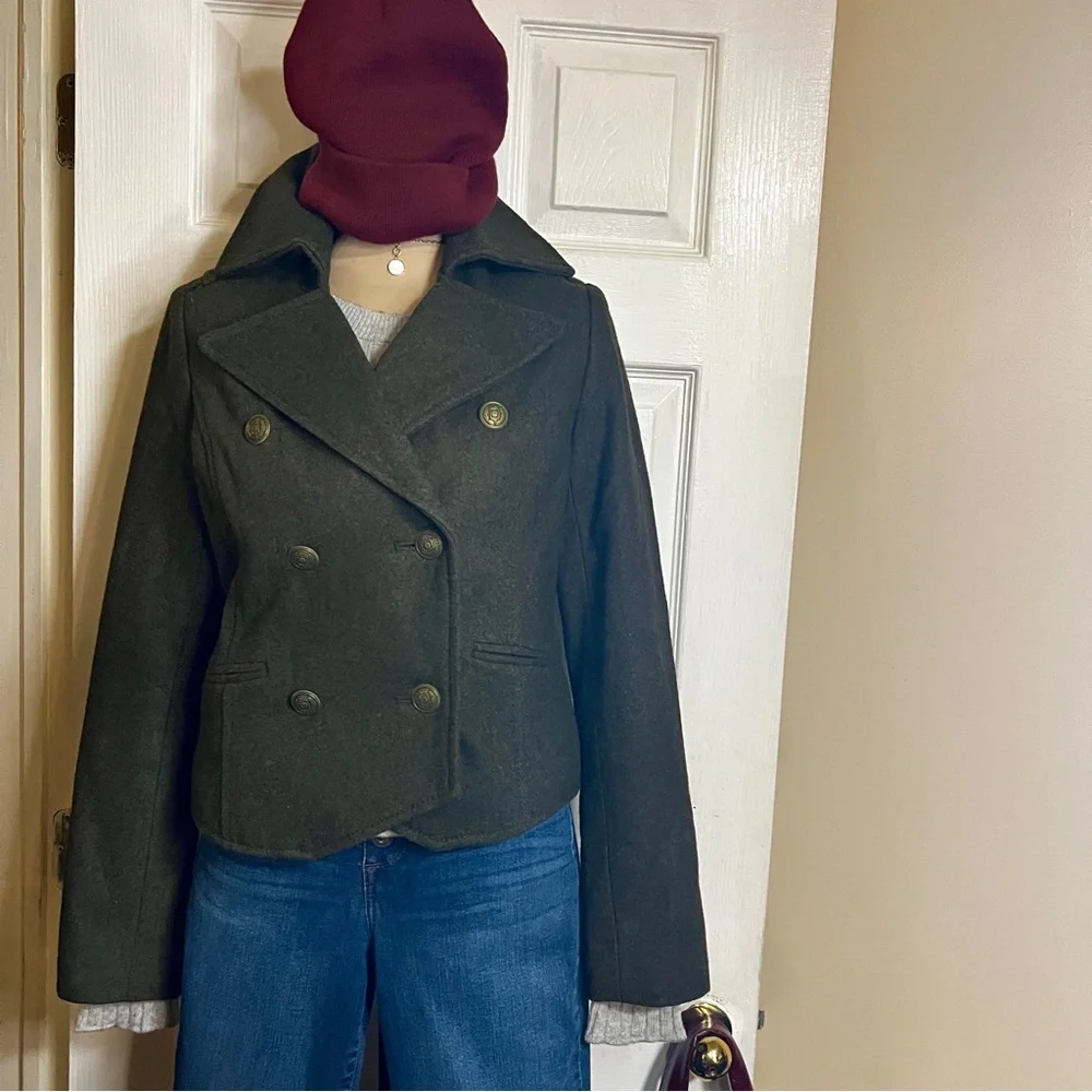 Old Navy Wms‎ Wool Blend Moss Green Military Crop Lined Retro Preppy Jacket S
